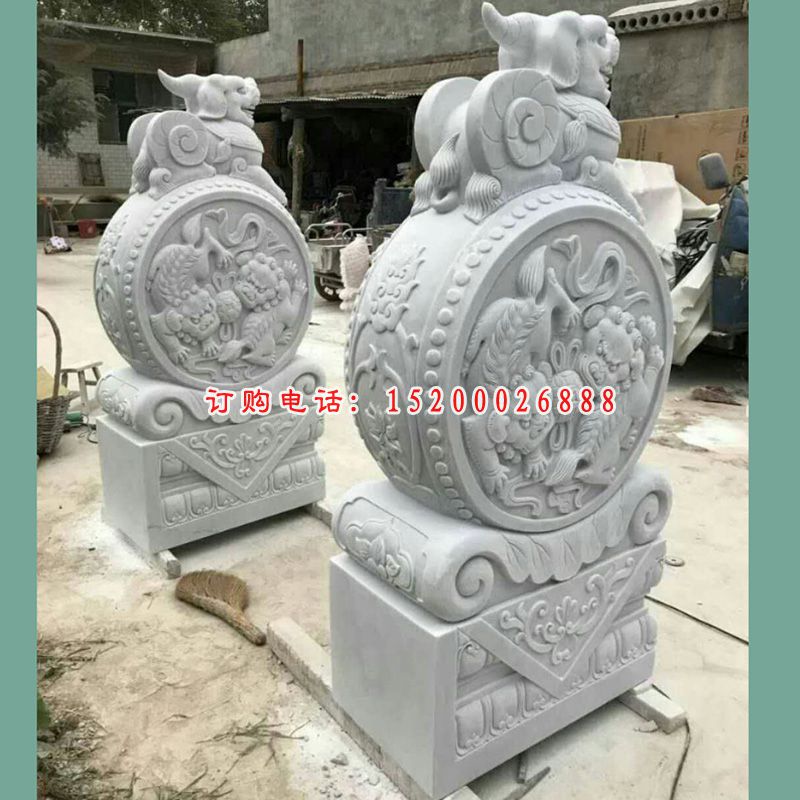 汉白玉貔貅门墩石雕 门口招财抱鼓石雕塑 (3)