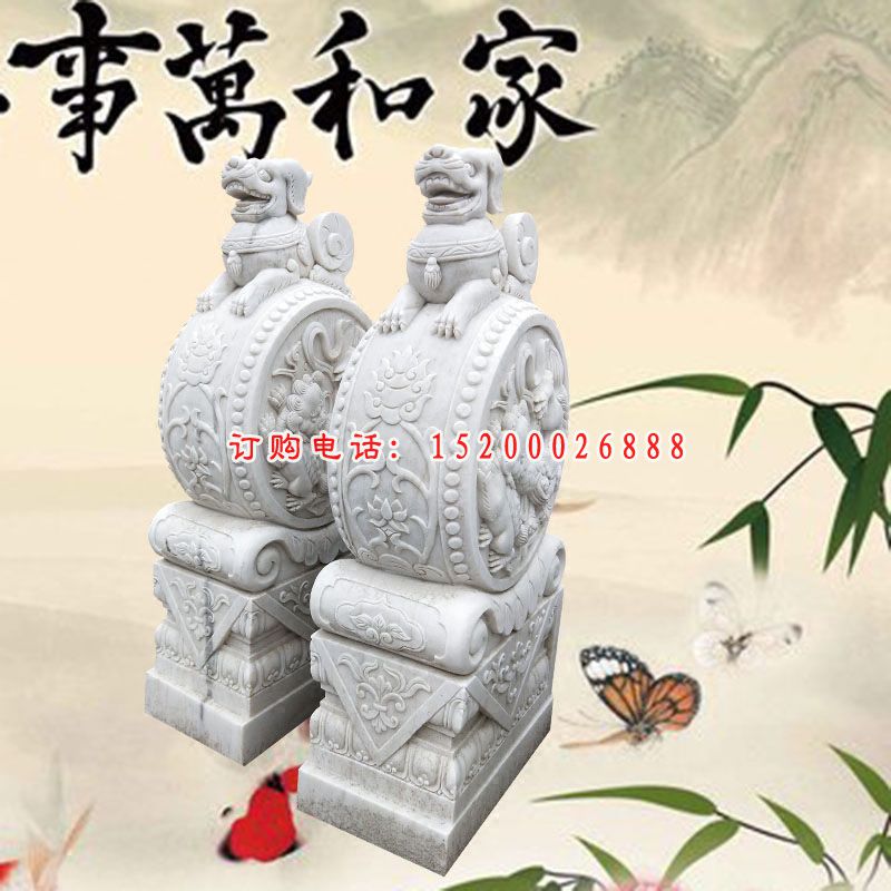 汉白玉麒麟抱鼓   石雕庭院景观雕塑 (9)