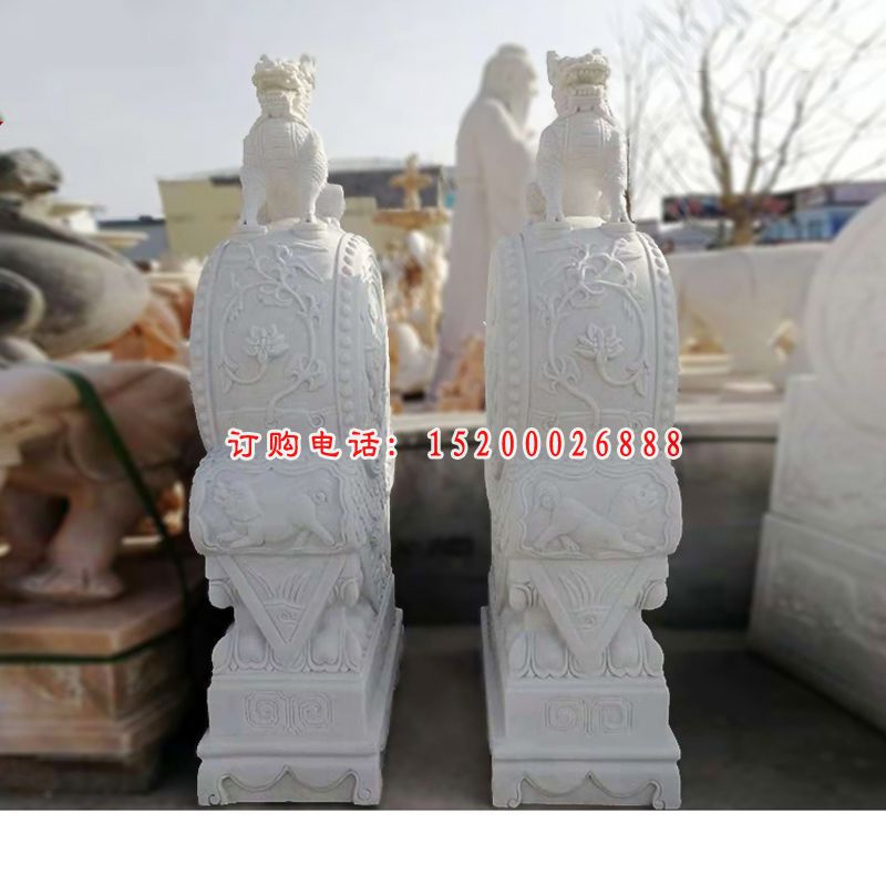 汉白玉麒麟抱鼓石   石雕庭院门口雕塑
