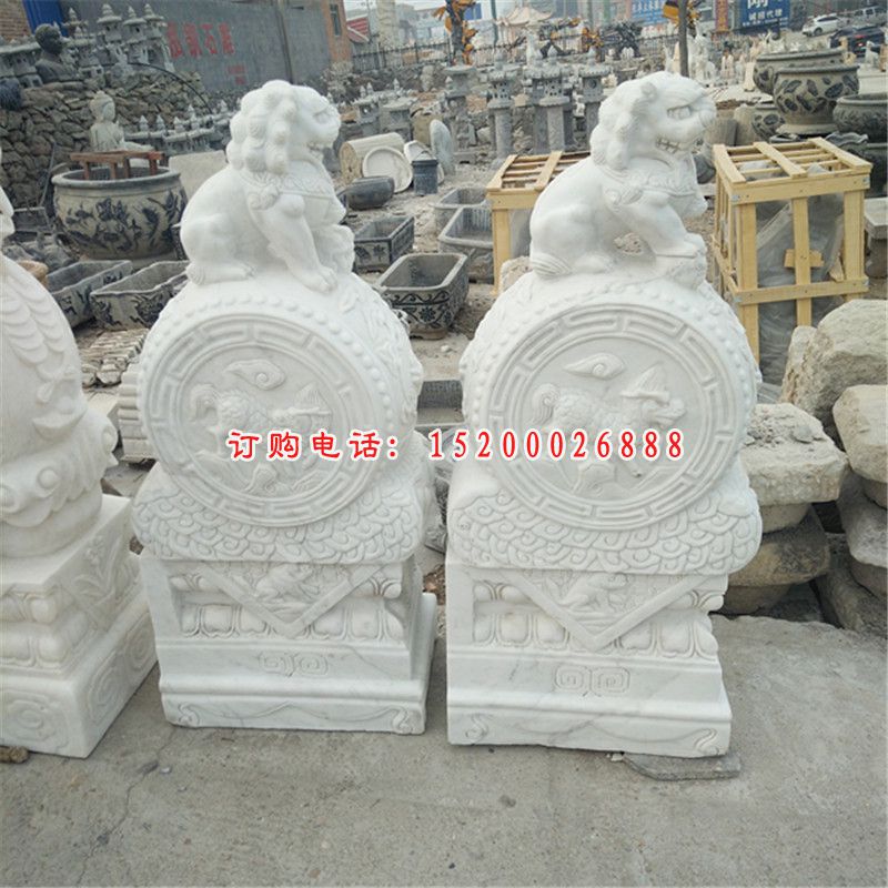 汉白玉狮子抱鼓  石雕广场动物雕塑 (2)