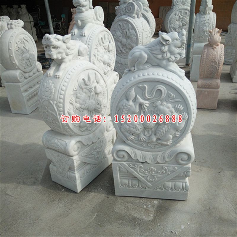 汉白玉狮子抱鼓  石雕广场动物雕塑 (3)