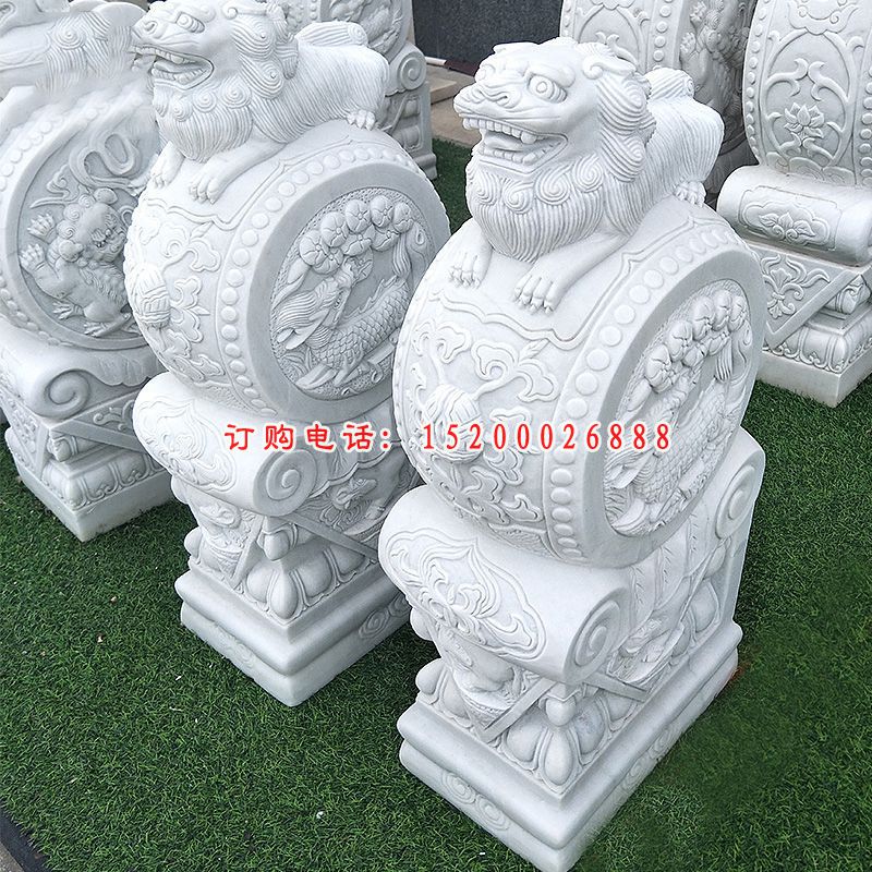 汉白玉狮子抱鼓  石雕庭院看门动物雕塑 (1)