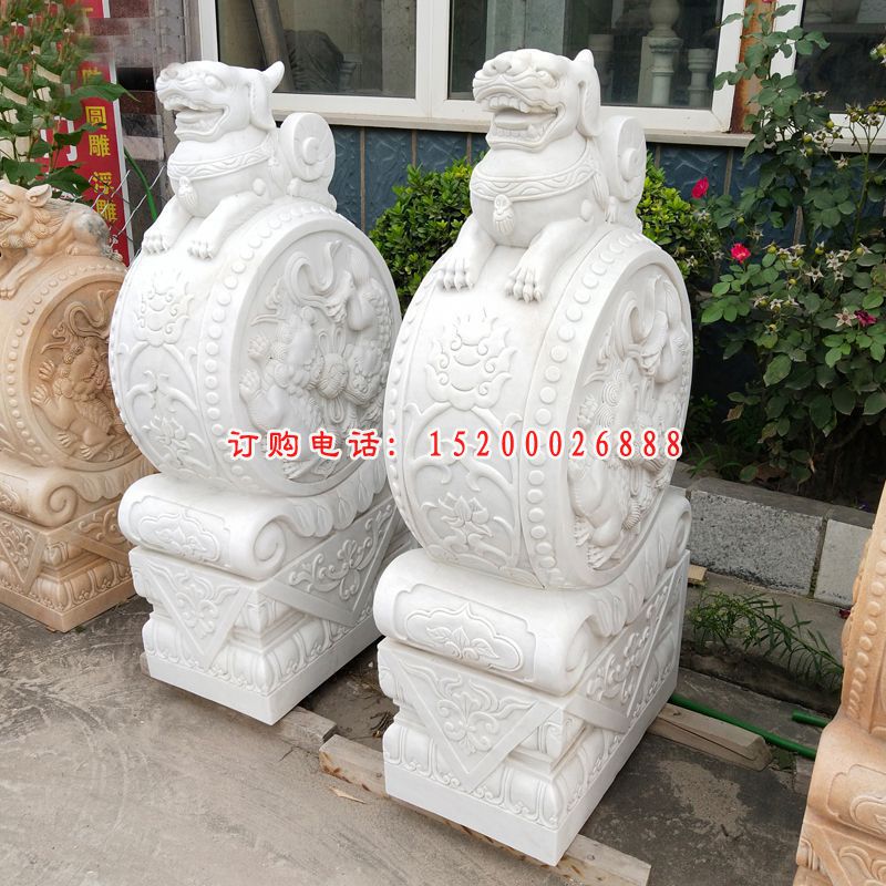 汉白玉狮子抱鼓  石雕庭院门口雕塑 (14)
