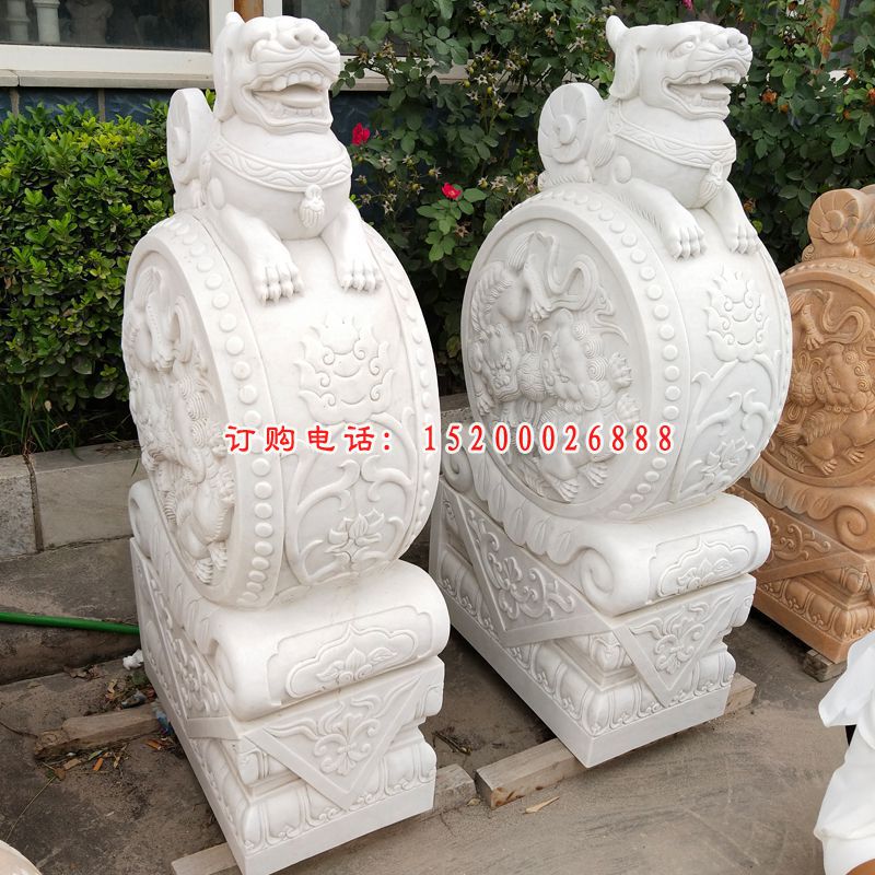 汉白玉狮子抱鼓  石雕庭院门口雕塑 (15)
