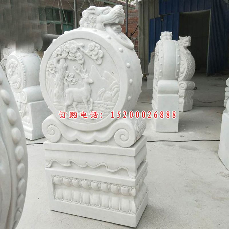 汉白玉狮子头抱鼓石雕塑，招财镇宅石门墩雕塑