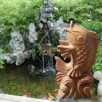 公园景观雕塑，晚霞红鲤鱼喷泉石雕