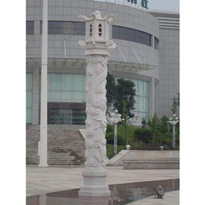 龙浮雕灯柱，汉白玉石灯柱 