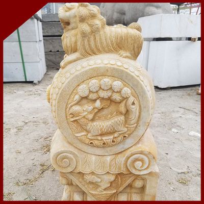 晚霞红狮子抱鼓   石雕庭院门口雕塑