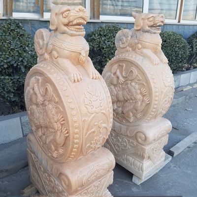 晚霞红狮子抱鼓  石雕庭院门口雕塑