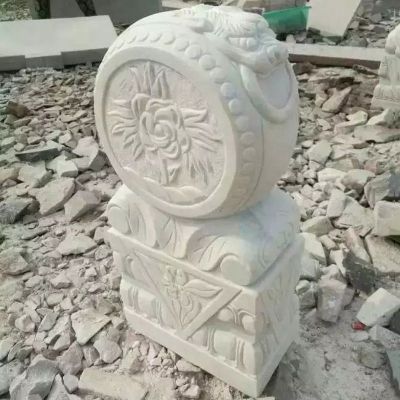 抱鼓石雕塑，汉白玉门墩雕塑 