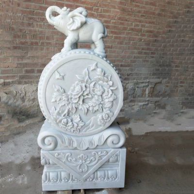 汉白玉抱鼓石雕塑，小象石门墩雕塑 