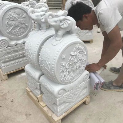 汉白玉大象抱鼓石 石雕门口门墩 