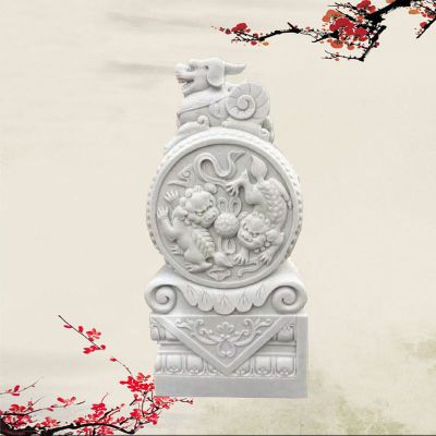 汉白玉貔貅抱鼓石雕塑，招财景观石雕 