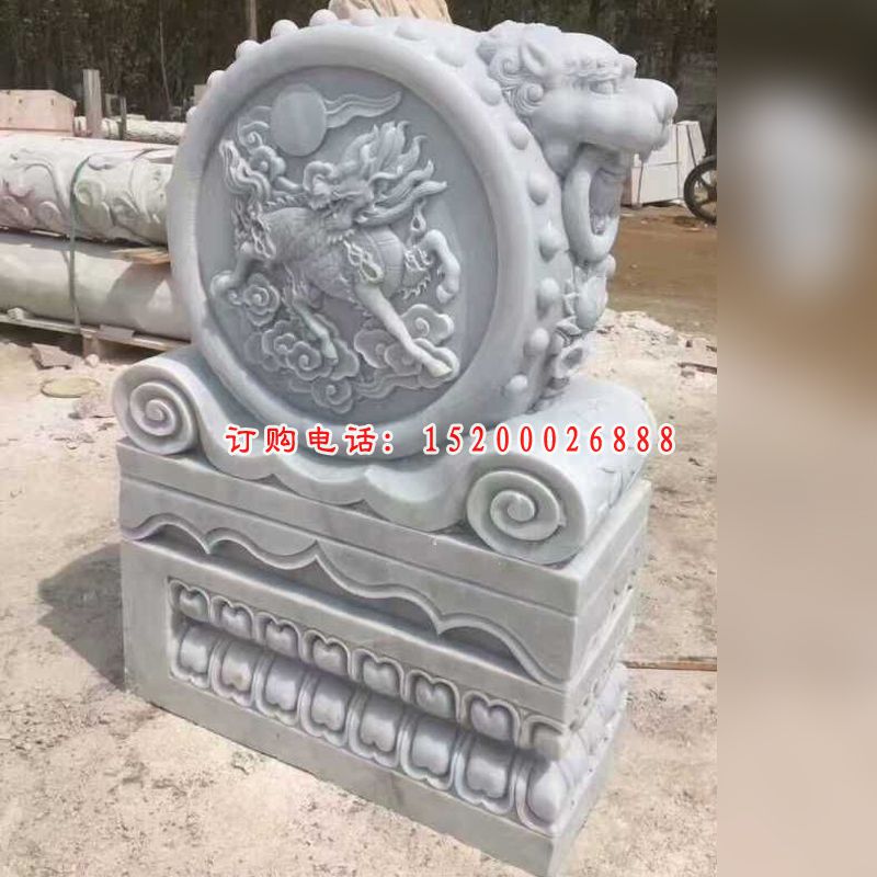 汉白玉石雕门墩，麒麟浮雕门墩