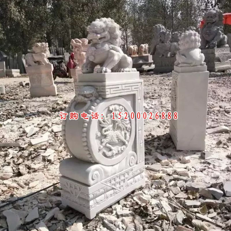 汉白玉石雕门墩，狮子石抱鼓 (1)