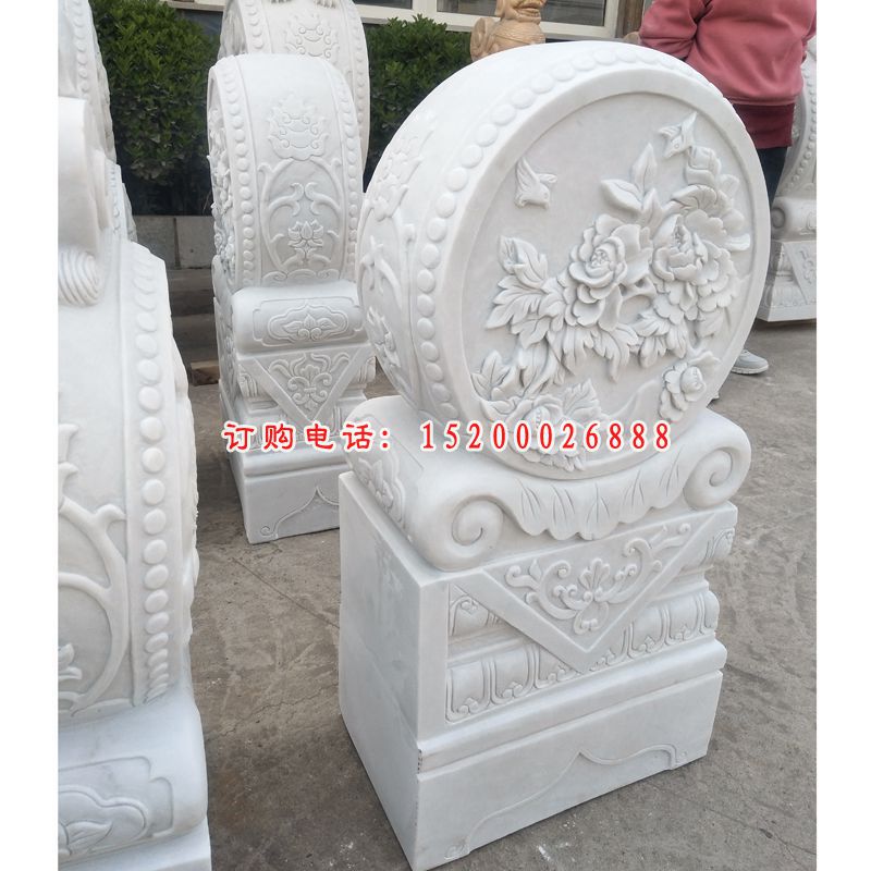 牡丹浮雕门墩 汉白玉门口抱鼓石