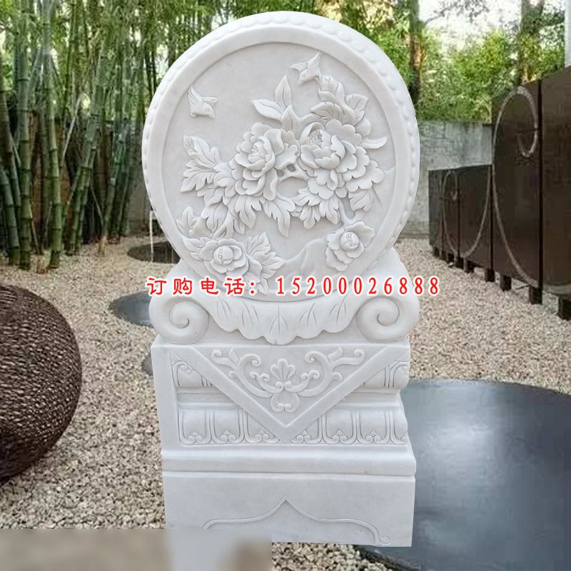 牡丹花浮雕门墩汉白玉招财镇宅抱鼓石