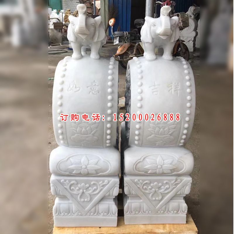 汉白玉小象抱鼓石雕塑，招财石门墩