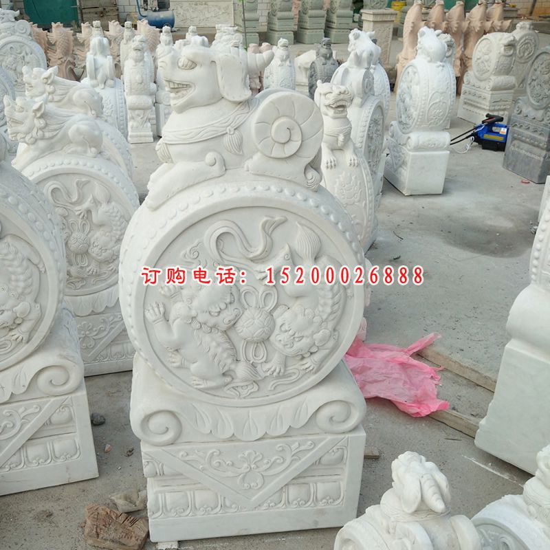 貔貅抱鼓石，汉白玉门墩石雕 (3)