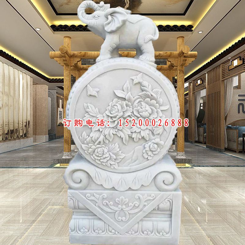 牡丹花浮雕抱鼓石汉白玉门墩石雕 (4)