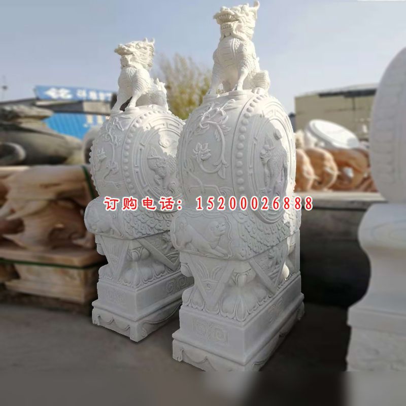 麒麟石雕门墩，汉白玉石门墩 (2)