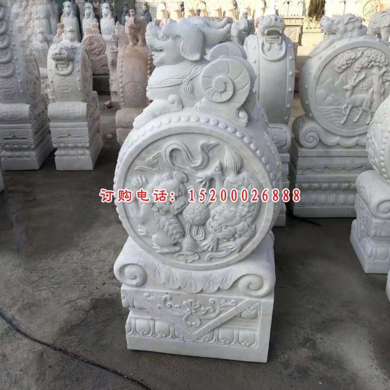 镇宅抱鼓石雕塑，汉白玉门墩雕塑 (1)