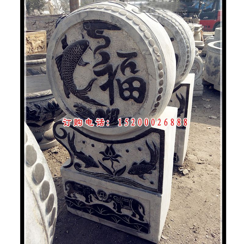 福鱼浮雕抱鼓石，青石仿古门墩 (3)