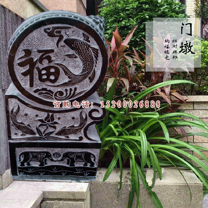 吉祥如意浮雕门墩 青石门口抱鼓石 (2)