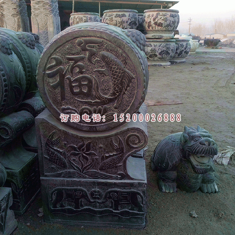 连年有余石浮雕抱鼓石雕塑，招财石门墩雕塑