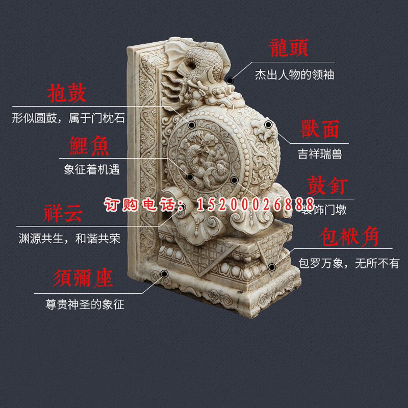 鲤鱼祥云浮雕石门墩，镇宅石雕