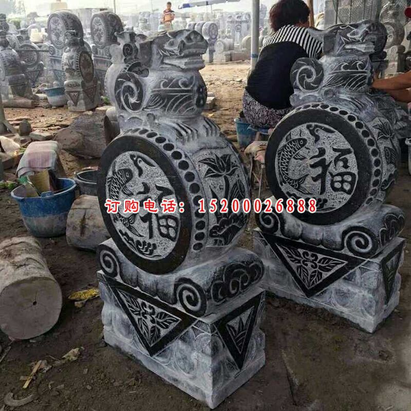 青石仿古貔貅门墩 福鱼浮雕抱鼓石