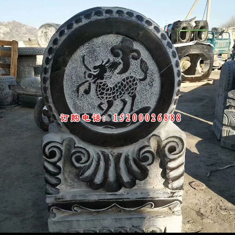 麒麟石浮雕抱鼓石雕塑，招财景观雕塑