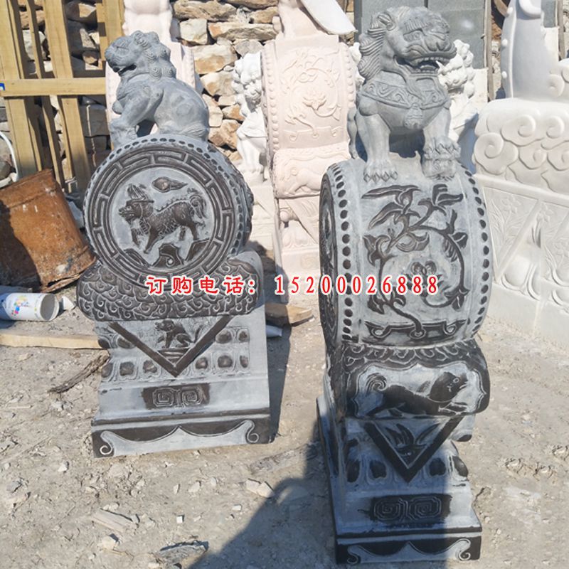 青石仿古狮子门墩麒麟浮雕镇宅抱鼓石