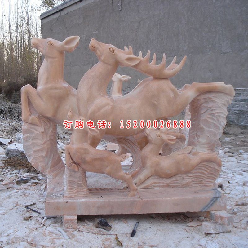 梅花鹿石雕，晚霞红梅花鹿雕塑 (2)