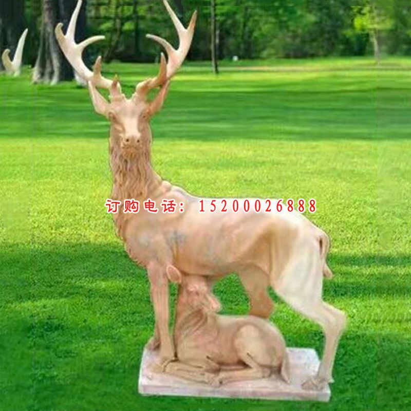 晚霞红母子鹿雕塑，公园动物石雕