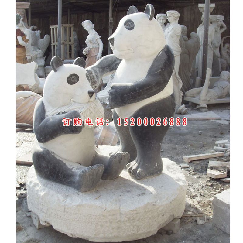 母子熊猫石雕，仿真动物雕塑 (2)