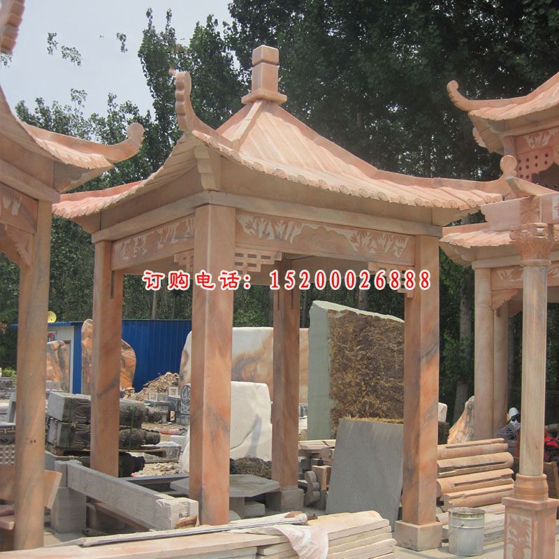 方形石雕凉亭，晚霞红凉亭石雕 (1)