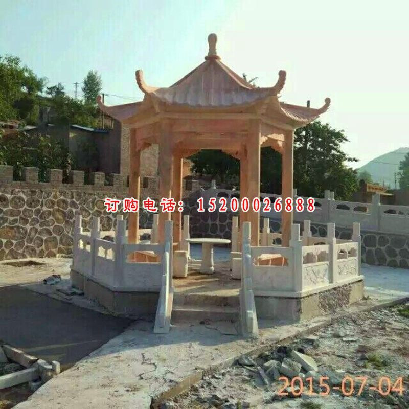 公园景观摆件，晚霞红六角石凉亭雕塑