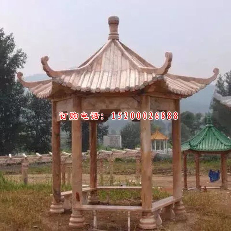 公园凉亭雕塑，晚霞红石头凉亭