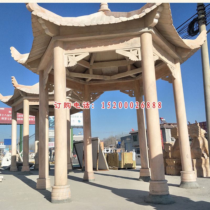 公园六角凉亭  晚霞红凉亭石雕 (2)