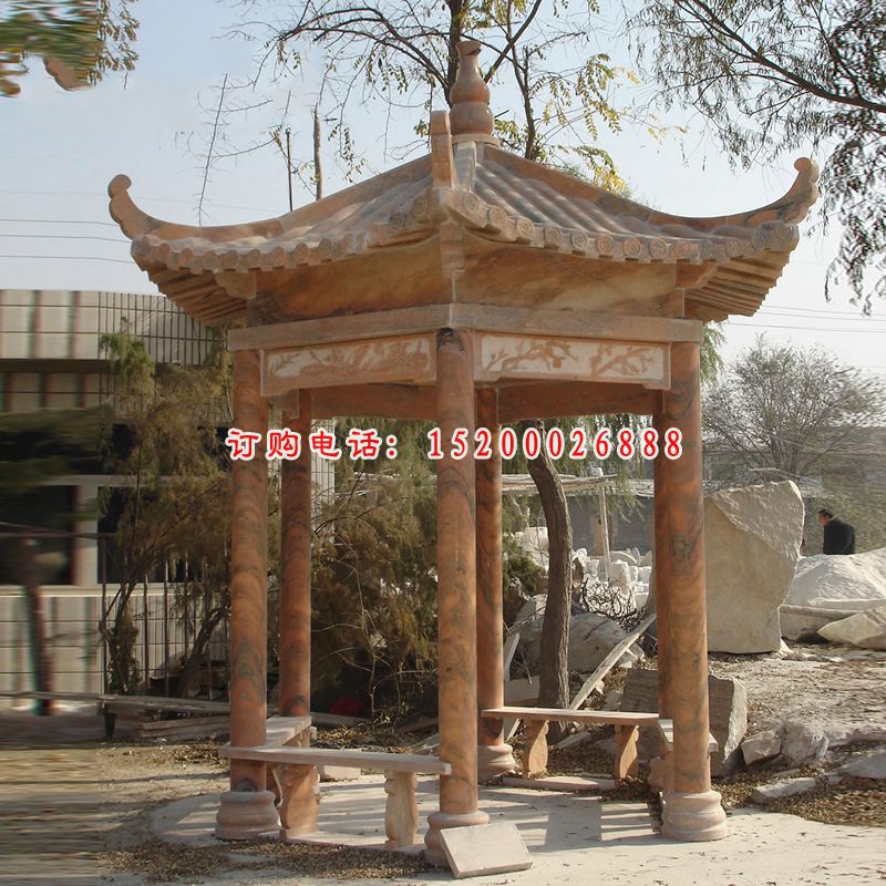 公园石雕凉亭，晚霞红六角亭子