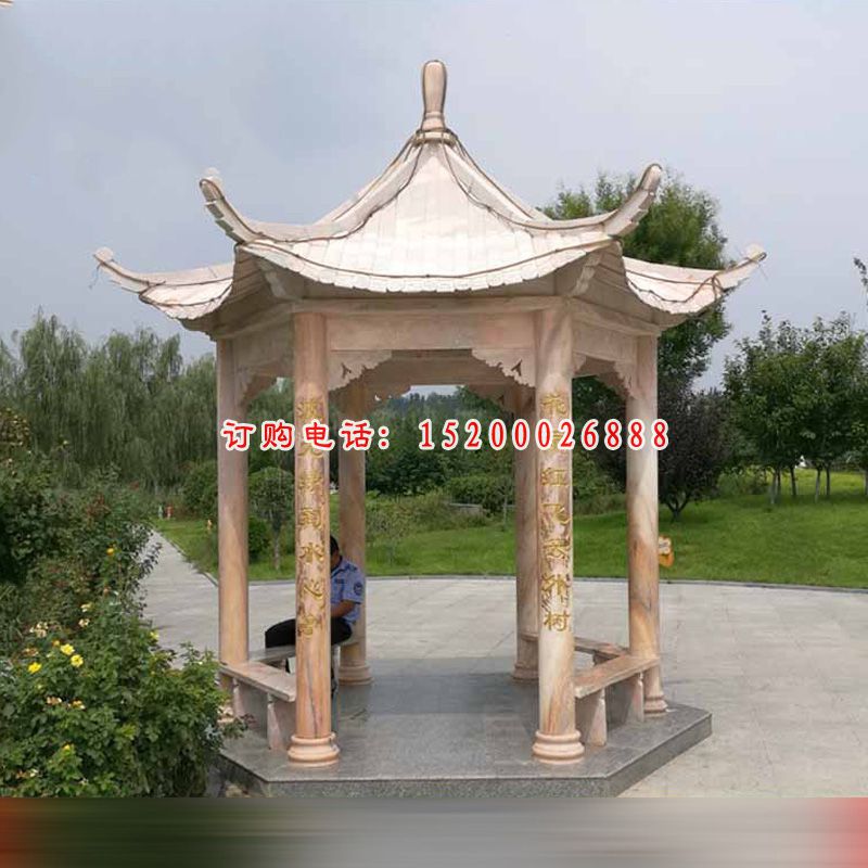 公园石雕凉亭，晚霞红石雕凉亭