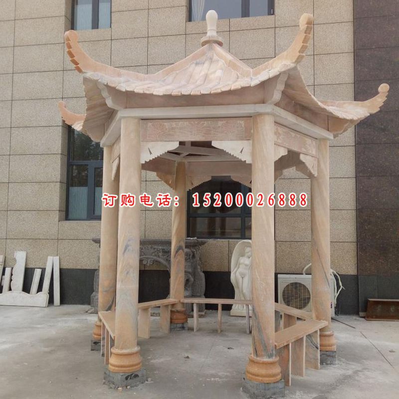 凉亭石雕，六角晚霞红亭子