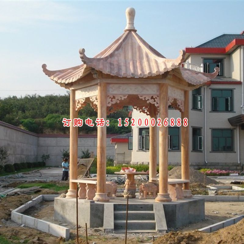 凉亭石雕，晚霞红六角凉亭雕塑 (1)