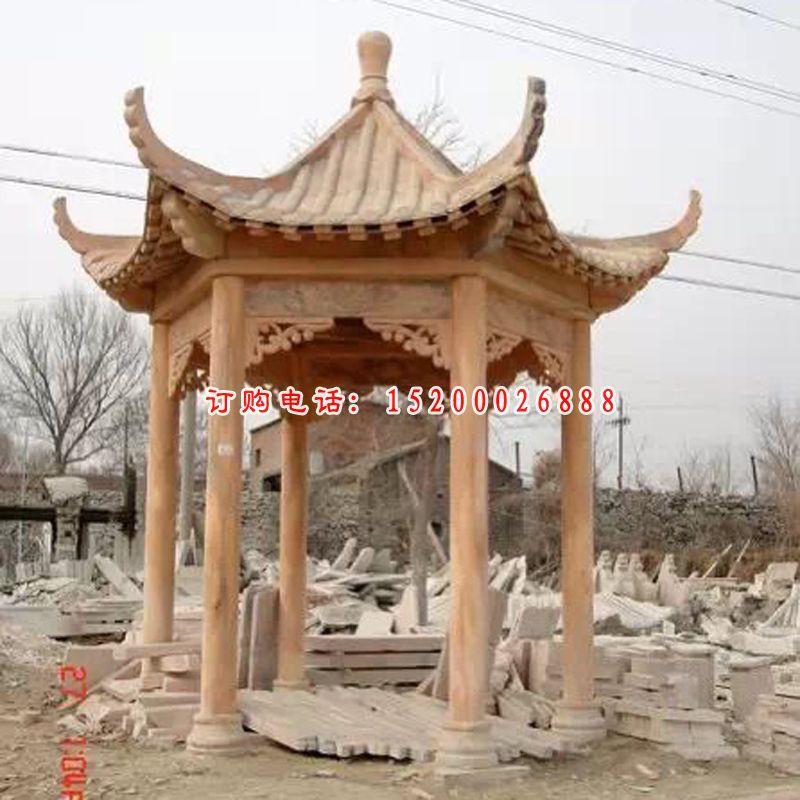 凉亭石雕，晚霞红六角凉亭雕塑 (2)