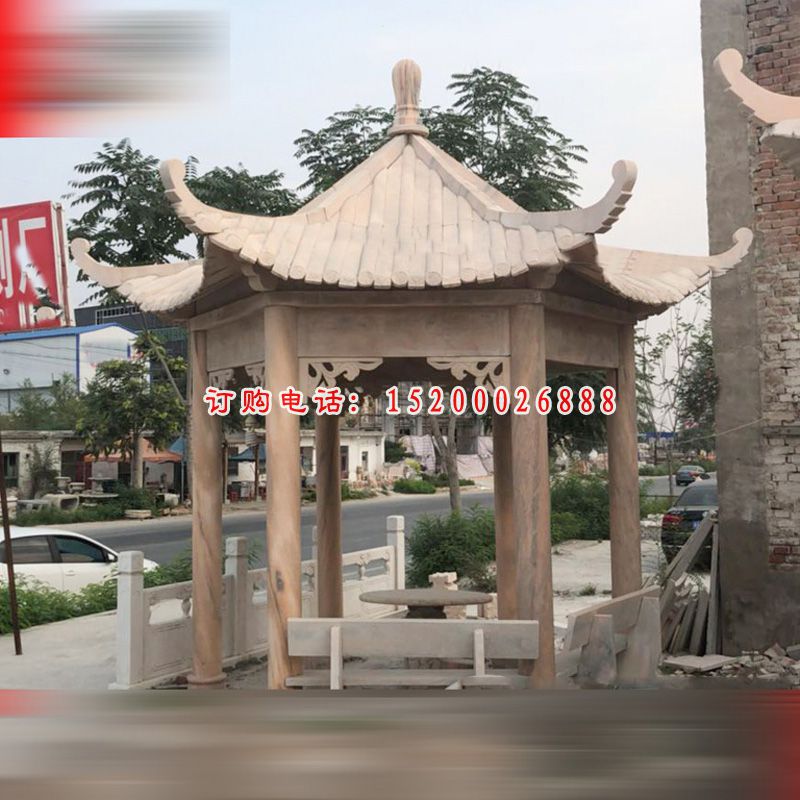六角亭子石雕，晚霞红石雕凉亭