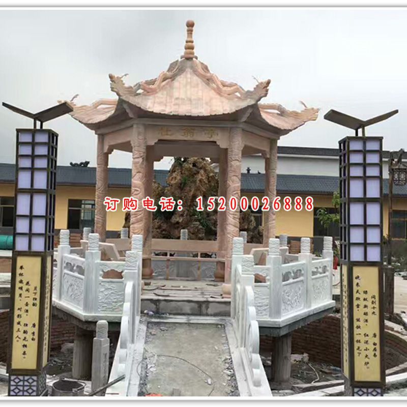 龙浮雕凉亭，晚霞红石亭子 (2)