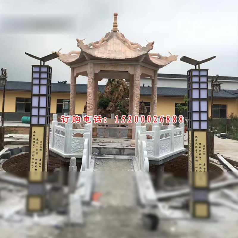 龙浮雕凉亭，晚霞红石亭子 (3)