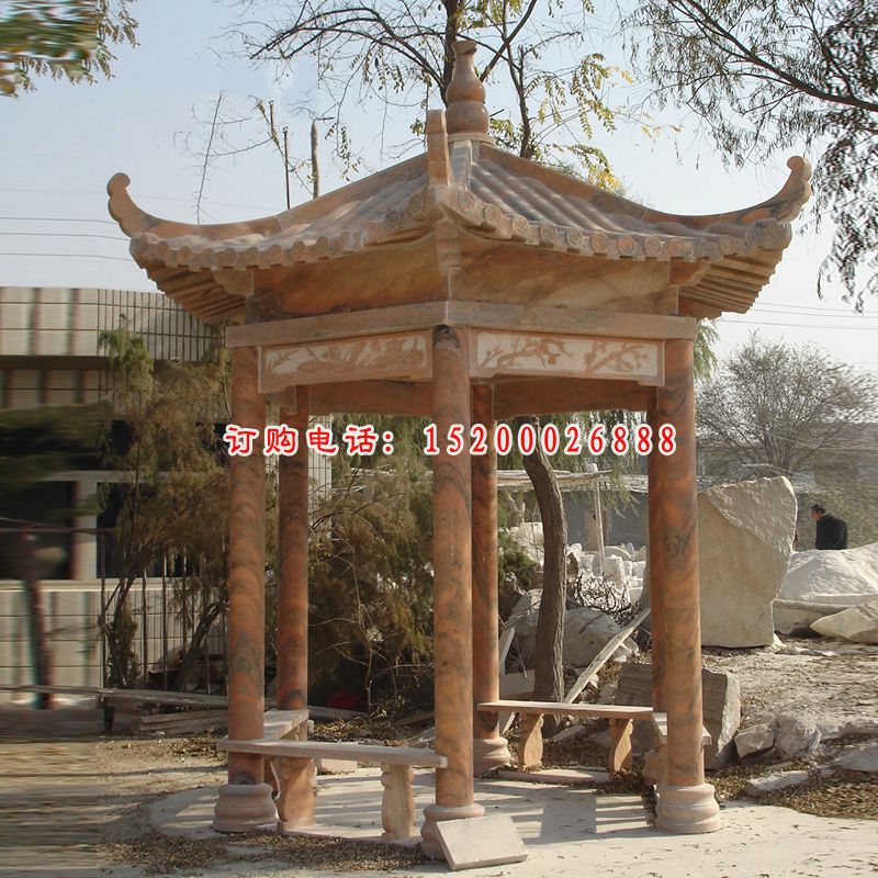 六角石凉亭，晚霞红亭子 (1)