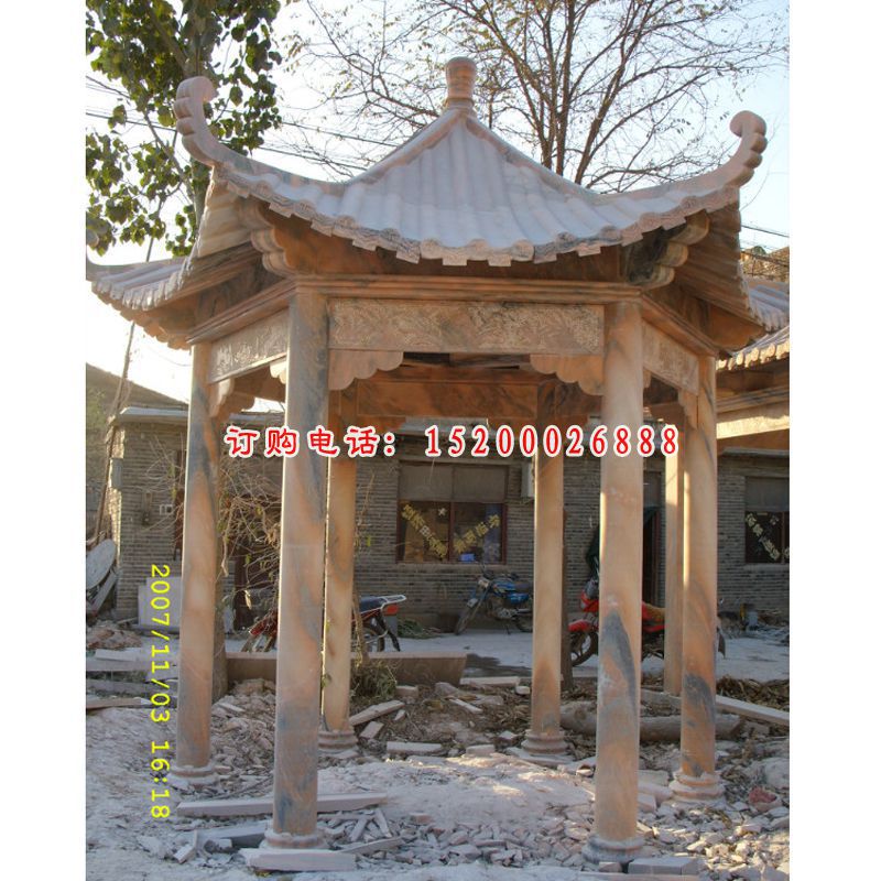 石亭子，晚霞红六角亭子